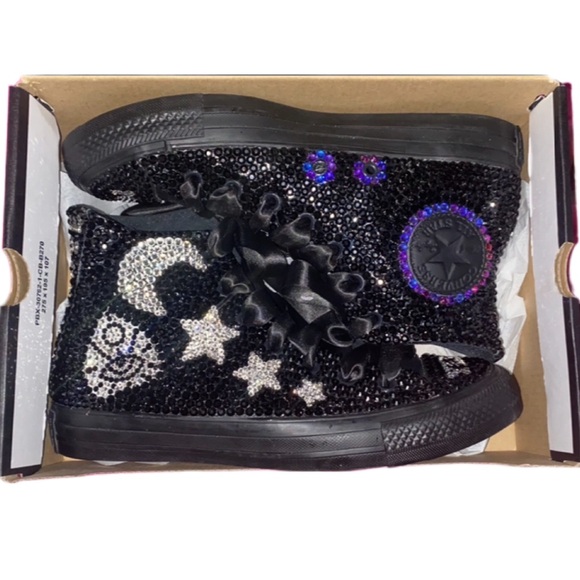Ouija Board Themed Jet Black Crystal High Top Converse Sizes 5-14 New In Box - Picture 1 of 15